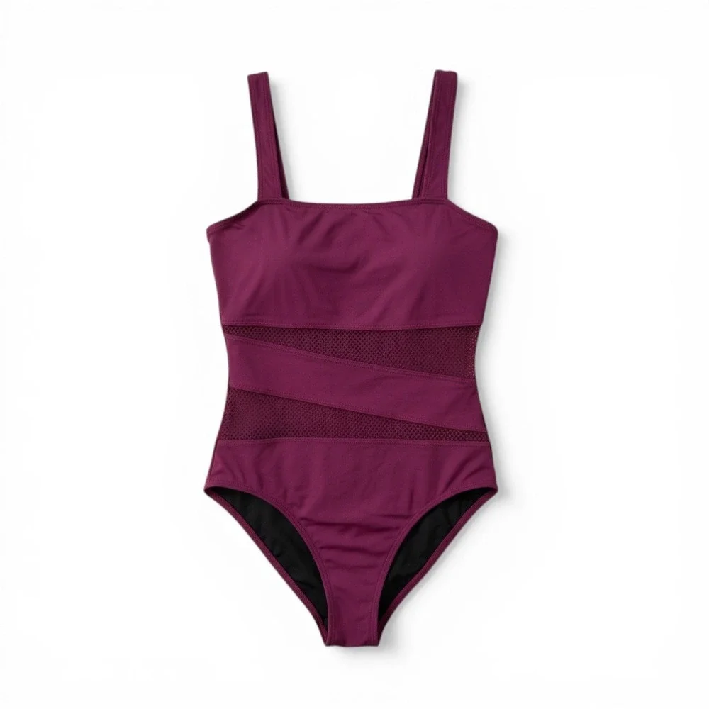 Carmen Marc‎ Valvo Swimsuit Womens 14 Burgundy One Piece Mesh C94809 Square Neck